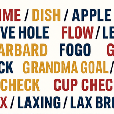 Graphic with colorful lacrosse slang terms such as flow, FOGO, apple, cup check, grandma goal, and lax bro, representing common phrases players use.