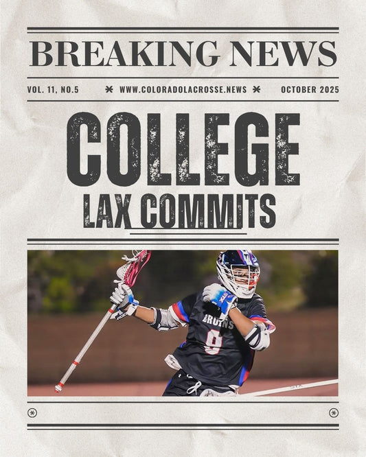 Colorado Lacrosse News graphic styled as a newspaper front page announcing 2025 college lacrosse commits, featuring a player in black uniform cradling the ball on the field.