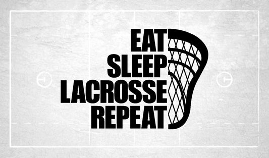 Black and white lacrosse graphic with the phrase ‘Eat Sleep Lacrosse Repeat’ next to a lacrosse stick head illustration.