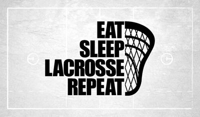 Black and white lacrosse graphic with the phrase ‘Eat Sleep Lacrosse Repeat’ next to a lacrosse stick head illustration.