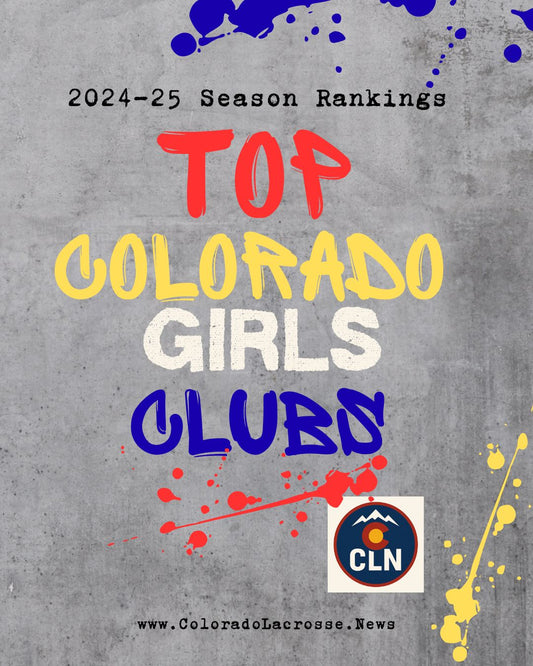 Colorado Lacrosse News graphic for 2024–25 season rankings of top Colorado girls lacrosse clubs, with colorful paint splatter design and CLN logo.