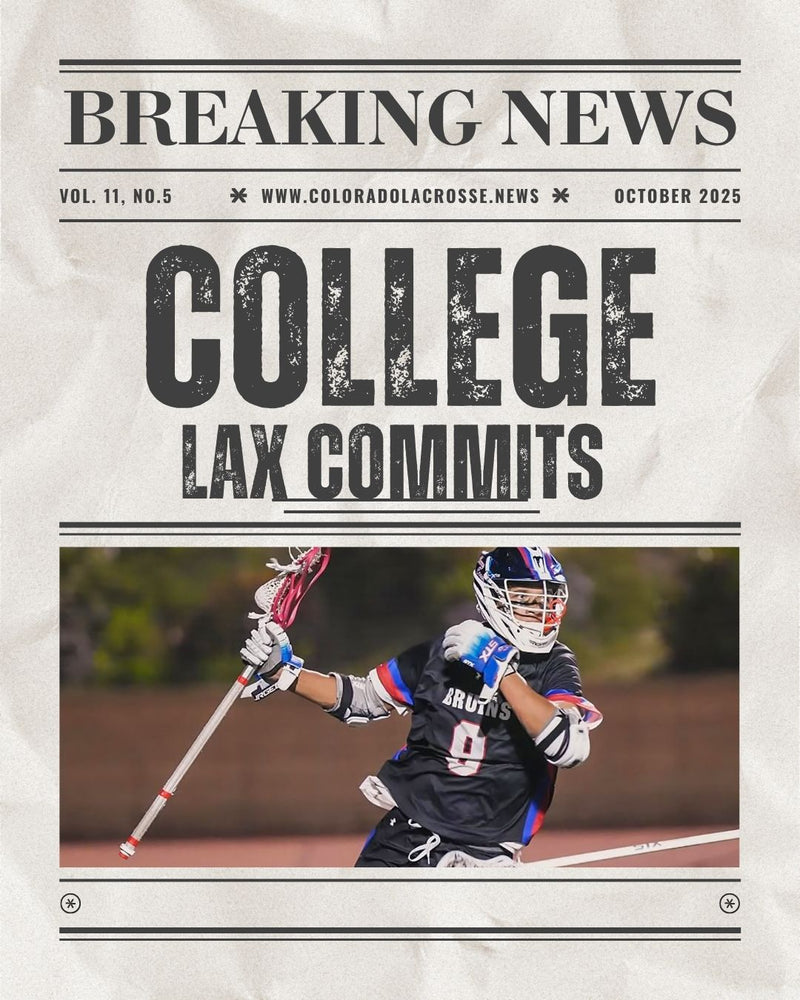 Newspaper-style design with a lacrosse player and 'College Lax Commits' text.