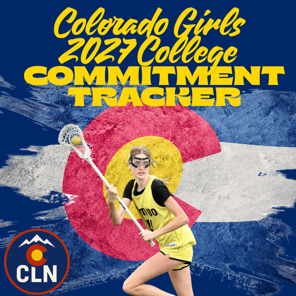Cover of 'Colorado Girls 2027 College Commitment Tracker' with Giana Bigelow playing lacrosse against a Colorado flag background.