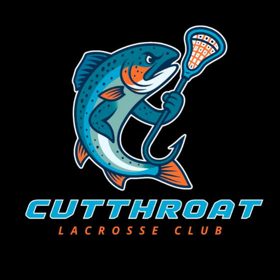 Logo of a cutthroat fish holding a lacrosse stick with 'Cutthroat Lacrosse Club' text below on a black background.